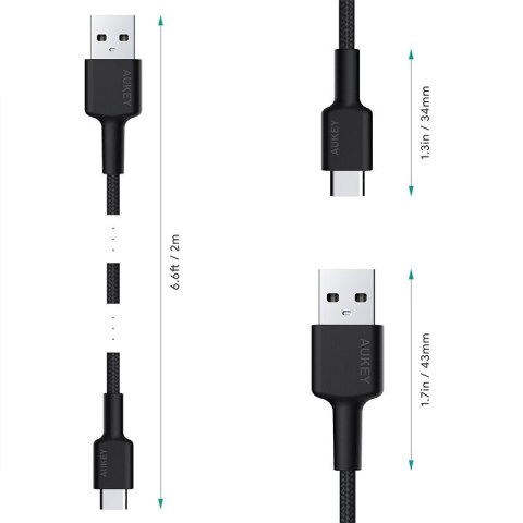 AUKEY CB-CA2 OEM kabel USB-C - USB-A 2m 60W PD 3A 20V FCP AFC nylonowy oplot czarny