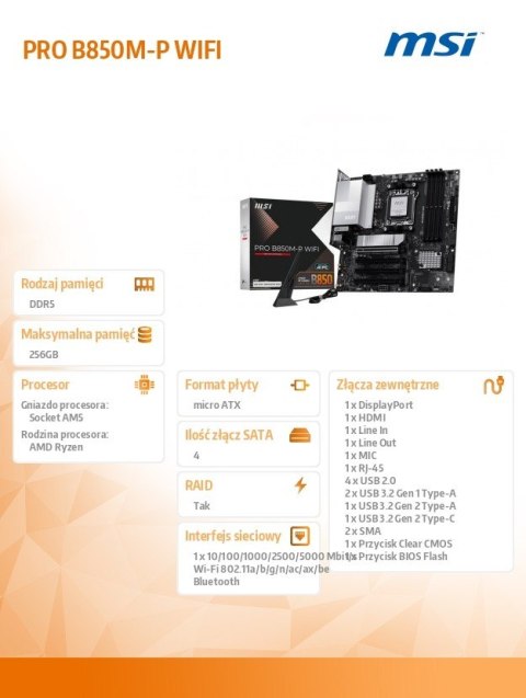 MSI Płyta główna PRO B850M-P WIFI AM5 4DDR5 ATX