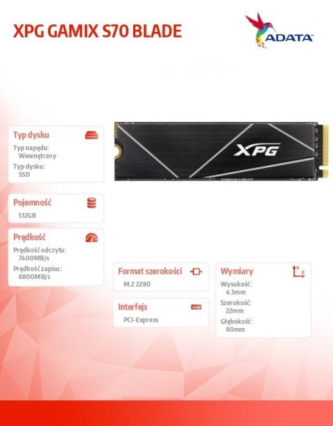 Adata Dysk SSD XPG GAMMIX S70 BLADE 512GB PCIe 4x4 7.2/2.6 GBs