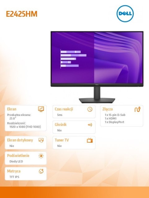 Dell Monitor E2425HM 23.8 cala VA LED Full HD (1920x1080)/16:9/DP/HDMI/VGA/5Y