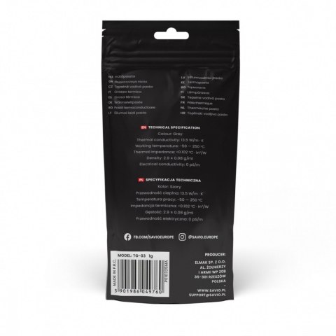 Savio Pasta termoprzewodząca Glacier 13,5 W/mK, 1g TG-03
