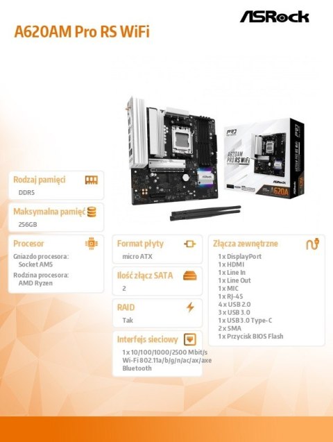 ASRock Płyta główna A620AM PRO RS WIFI AM5 4DDR5 HDMI/DP M.2 mATX