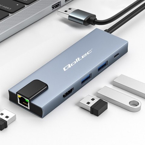 Qoltec HUB Adapter USB-C 5w1 | USB-C PD 100W | 2xUSB | HDMI 4K | RJ45
