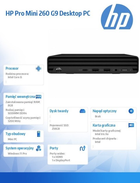 HP Inc. Komputer Pro Mini 260 G9 i5-1335U 256GB/8GB/W11P B6ZA7ET
