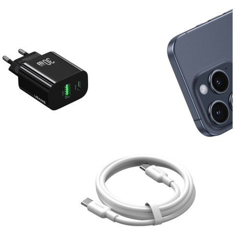 USAMS Ładowarka sieciowa 30W 1xUSB-C 1xUSB-A Fast czarging Czarna