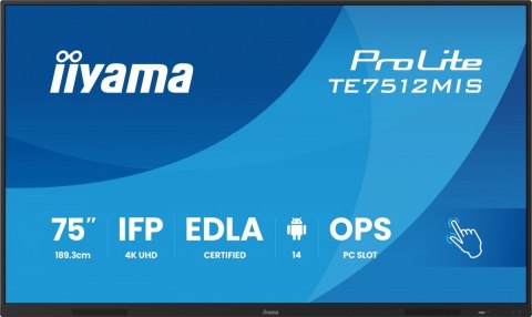 IIYAMA Monitor 75 cali TE7512MIS-B4AG 40pkt,IPS,4K,24/7,7H, ANDROID 14, RK3576, 8/128GB, EDLA, Essential