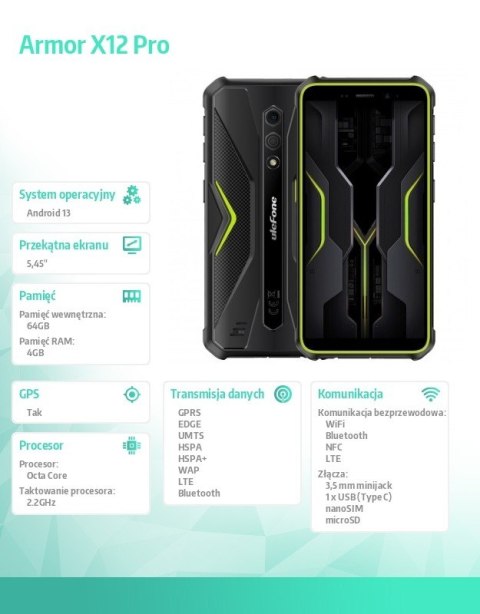 ULEFONE Smartfon Armor X12 4G 3/32GB IP69K zielony