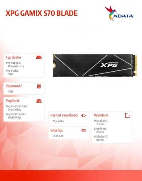 Adata Dysk SSD XPG GAMMIX S70 BLADE 4TB PCIe 4x4 7.4/6.6 GBs