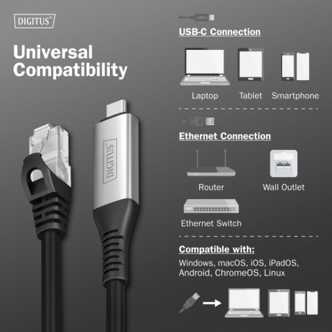 Digitus Kabel adapter USB-C - RJ45 Kat. 6A S/FTP, 1 Gbit/s, USB 3.2 Gen1, LSZH, 5m