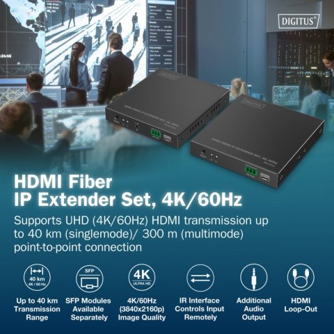 Digitus Przedłużacz (extender) światłowodowy HDMI 4K/60Hz przez IP 1G lub do 40km/300m, HDMI Loop-Out, sterowanie IR - zestaw (odbiornik