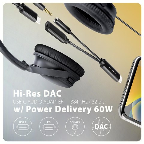 Karta dźwiękowa/Adapter dźwięku Axagon USB-C 384kHz/32-bit DAC 3,5 mm (F) Hi-Res, + USB-C PD 60W