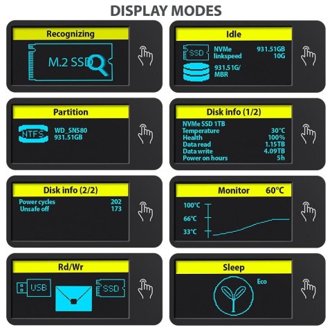 Obudowa zewnętrzna Axagon aluminiowa bezśrubowa, wyśw. LCD, do dysków M.2 NVMe & SATA SSD/ USB-C 3.2 G2 szara