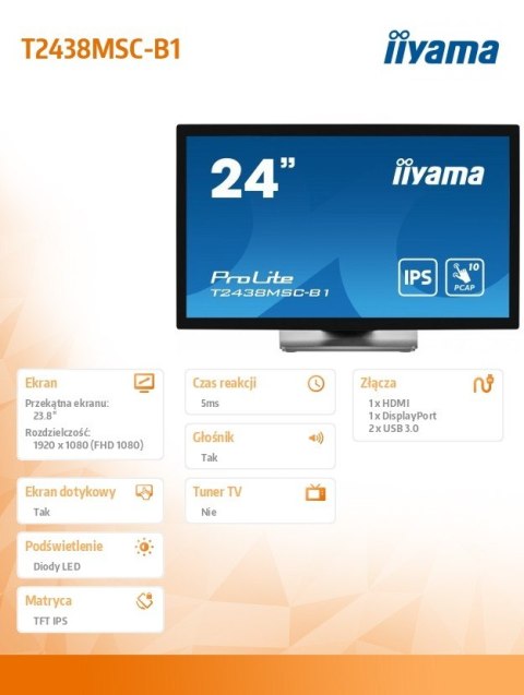 IIYAMA Monitor 24 cale T2438MSC-B1 IPS,FHD,DP,HDMI,2x2W,2xUSB,600(cd/m2), 10pkt.7H,IP1X(FRONT),PION/POZIOM
