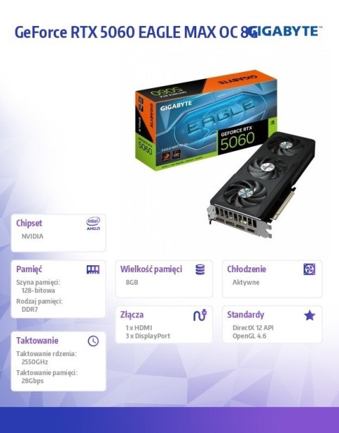 Gigabyte Karta graficzna GeForce RTX 5060 EAGLE MAX OC 8G GV-N5060EAGLEMAX OC-8GD