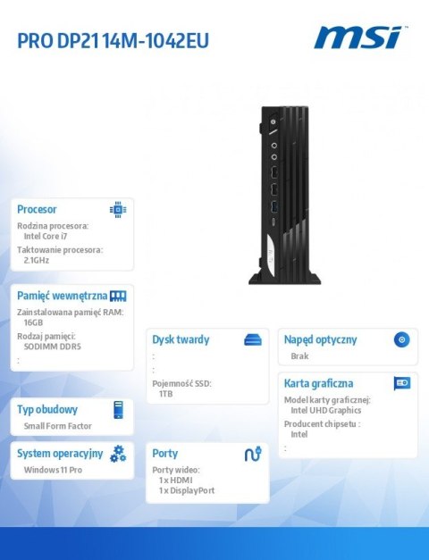 MSI Komputer PRO DP21 14M-1042EU WIN11PRO/IC7-14700/16GB/1TB/WiFI/BT/Black
