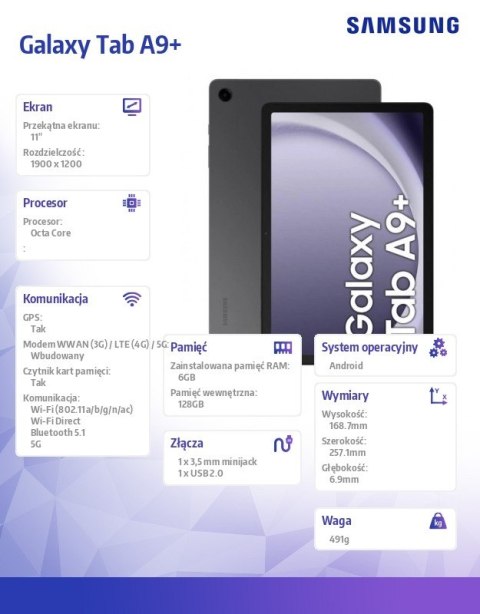 Samsung Tablet Galaxy Tab A9+ 11 cali 5G 6/128GB Rework szary
