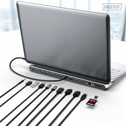 Digitus Stacja dokująca USB-C 12 portowa, max. 8K/30Hz z HDR, HDMI, DP, max. 3 monitory (MST), USB-C 3.2 Gen2, Gigabit Ethernet, SD/Micr
