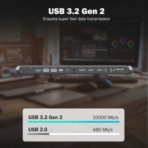 Digitus Stacja dokująca USB-C 12 portowa, max. 8K/30Hz z HDR, HDMI, DP, max. 3 monitory (MST), USB-C 3.2 Gen2, Gigabit Ethernet, SD/Micr
