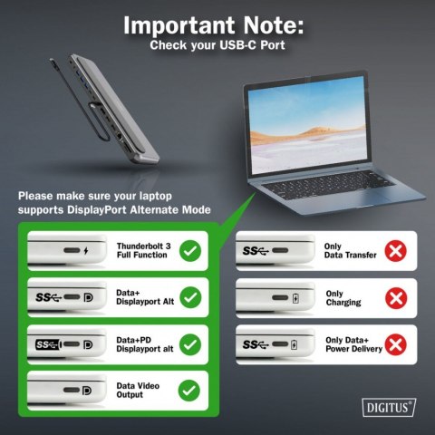 Digitus Stacja dokująca USB-C 12 portowa, max. 8K/30Hz z HDR, HDMI, DP, max. 3 monitory (MST), USB-C 3.2 Gen2, Gigabit Ethernet, SD/Micr