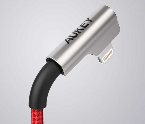 AUKEY CB-AL01 OEM kabel 90° Lightning - USB-A 2m MFi Apple kątowy wtyki 90 stopni nylonowy oplot czerwony
