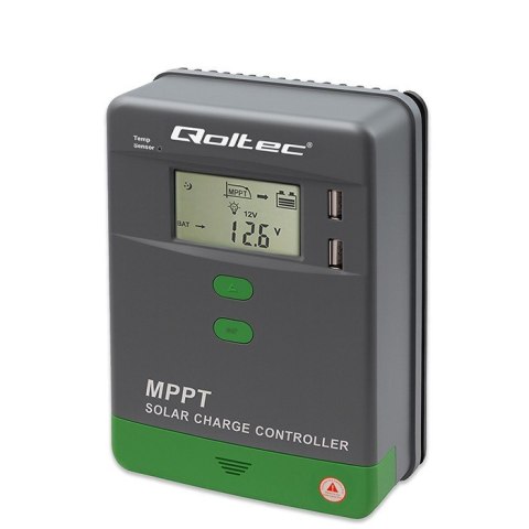 Qoltec Solarny regulator ładowania MPPT z czujnikiem temperatury 10A | 12V/24V | LCD | 2xUSB | Bluetooth | APP | GEL | LiFePO4