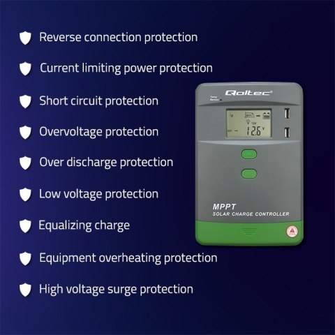 Qoltec Solarny regulator ładowania MPPT z czujnikiem temperatury 10A | 12V/24V | LCD | 2xUSB | Bluetooth | APP | GEL | LiFePO4