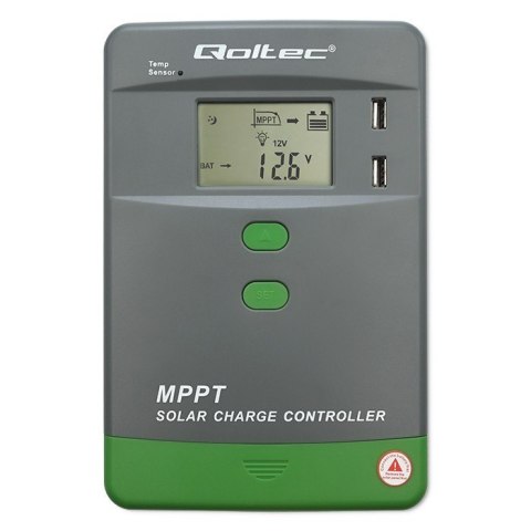 Qoltec Solarny regulator ładowania MPPT z czujnikiem temperatury 10A | 12V/24V | LCD | 2xUSB | Bluetooth | APP | GEL | LiFePO4