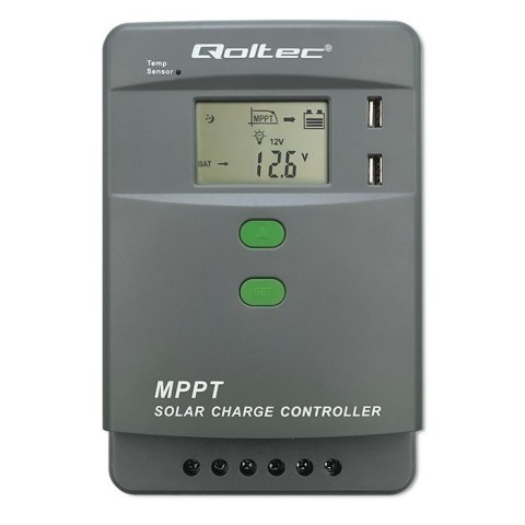 Qoltec Solarny regulator ładowania MPPT z czujnikiem temperatury 10A | 12V/24V | LCD | 2xUSB | Bluetooth | APP | GEL | LiFePO4