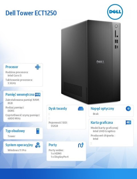 Dell Komputer Dell Tower ECT1250 Win11Pro i3-14100/8GB/512GB SSD/UHD 730/WLAN + BT/Kb & Mouse/3YPS