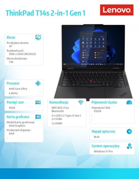 Lenovo Ultrabook ThinkPad T14s 2in1 G1 21R30040PB W11Pro ULT5 225U/16GB/512GB/INT/14.0 WUXGA/Touch/Black/3YRS Premier Support + CO2 Off