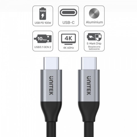 Unitek Kabel USB-C - USB-C PD, 10Gbps, 4K60Hz, 1m, M/M; C14082ABK
