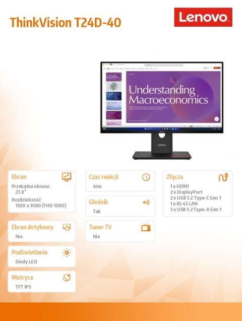 Lenovo Monitor ThinkVision T24D-40 23.8 cala 64B9GAT1EU