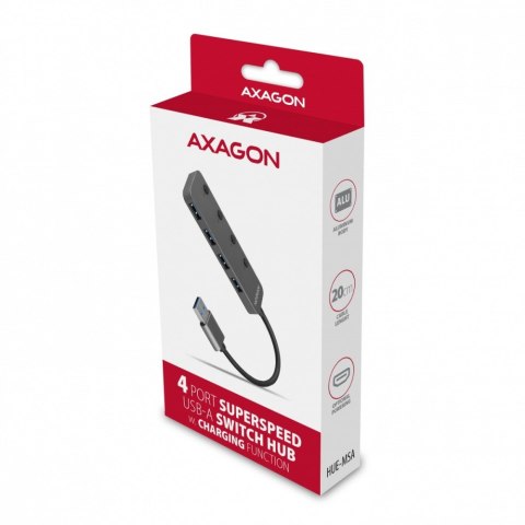 AXAGON HUE-MSA Hub 4-portowy USB 3.2 Gen 1 switch, metalowy, 20cm USB-A kabel, microUSB dodatkowe zasilanie
