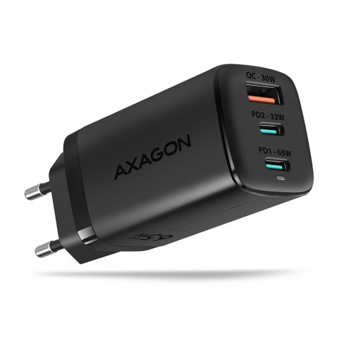 AXAGON ACU-DPQ65 Ładowarka sieciowa, GaN 65W, 3x port (USB-A + dual USB-C), PD3.0/QC4+/PPS/Apple, czarna