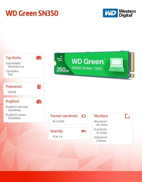 Western Digital Dysk SSD Green 250GB M.2 2280 SN350 NVMe PCIe