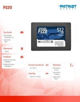 Patriot Dysk SSD 512GB P220 550/500MB/s SATA III 2.5 cala