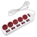 Maclean Listwa zasilająca 5 gniazd z włącznikami MCE204 R/W Biało-czerwona