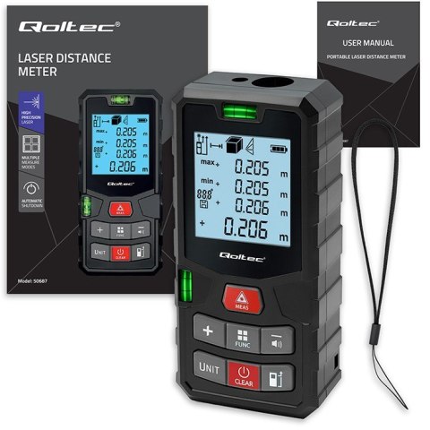 Qoltec Cyfrowy dalmierz laserowy z poziomicą | podświetlany LCD | 120m