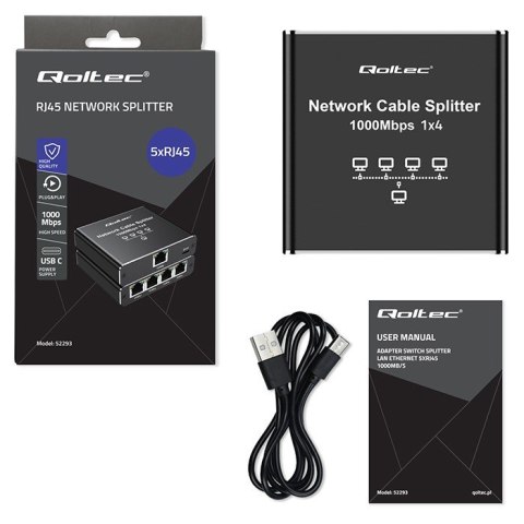 Qoltec Rozdzielacz splitter Ethernet mini SWITCH 1x4 RJ45 | 1000Mb/s | USB-C | Aluminium