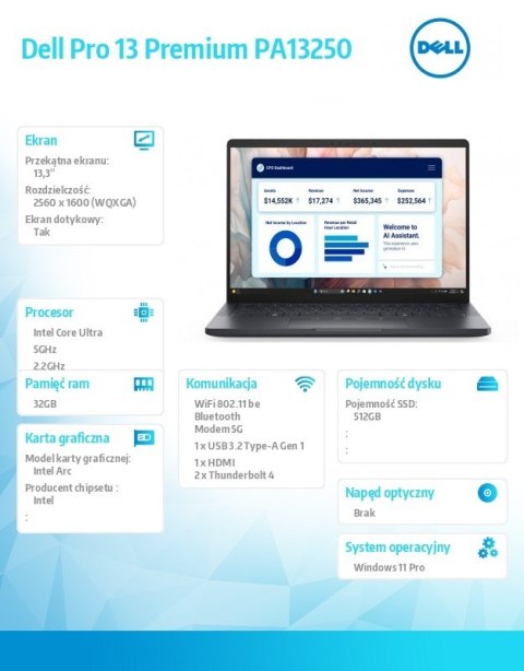 Dell Laptop Dell Pro 13 Premium PA13250 W11P U7-268V/32GB/512GB SSD CL35/13.3 QHD+ Touch/Arc/FgrPr/Cams&Mic/5G WWAN+BT/BcklKb/3C/vPro