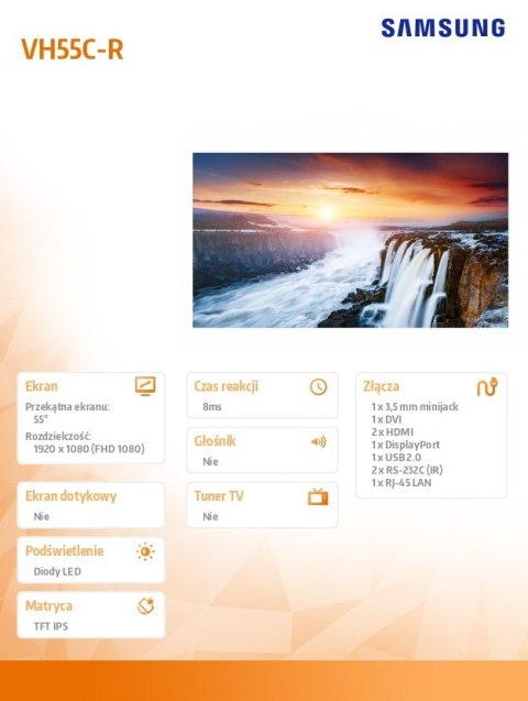 Samsung Monitor profesjonalny VH55C-R 55 cali Video Wall Matowy 24h/7 700(cd/m2) 1920x1080 (FHD) Ramka: 0.44mm(even) 3 lata On-Site (LH5