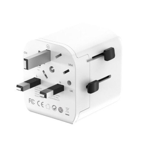 Adapter zasilania Gembird gniazdo EU - wtyk World z ładowarką 2x USB-A, 12W, GaN, biały
