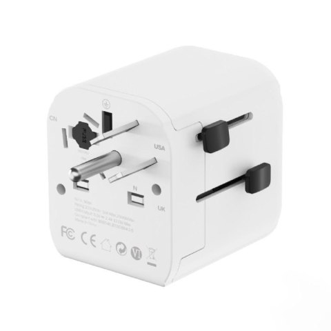 Adapter zasilania Gembird gniazdo EU - wtyk World z ładowarką 2x USB-A, 12W, GaN, biały