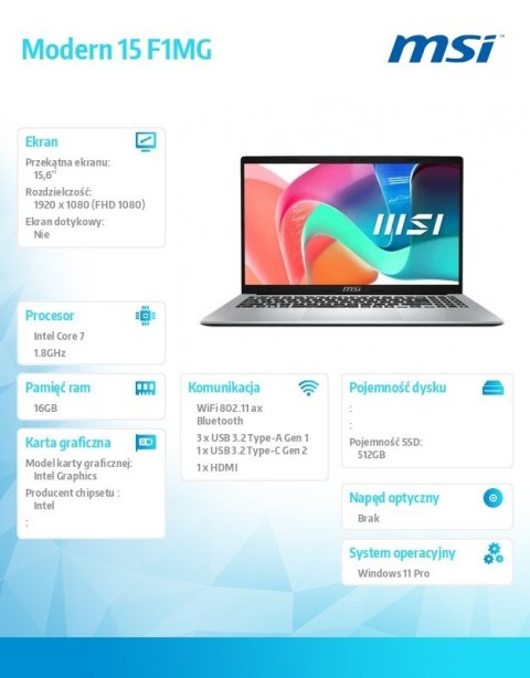 MSI Notebook Modern 15 F1MG-663PL WIN11PRO/IC7-150U/16GB/512SSD/Int/15.6''/3Y