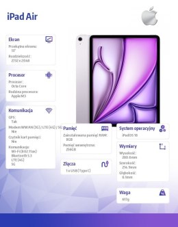 Apple IPad Air 13 cali WiFi + Cellular 256GB Fioletowy