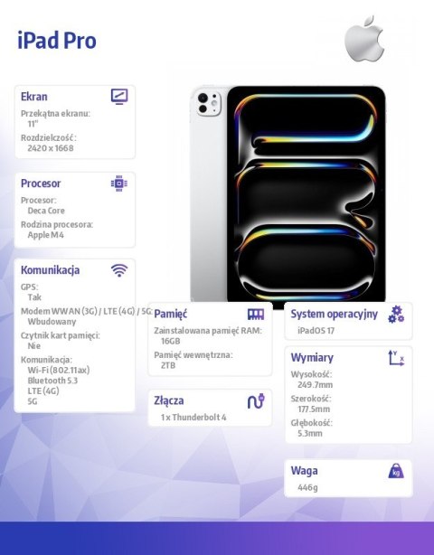 Apple IPad Pro 11 cali Wi-Fi + Cellular 2TB - Srebrny