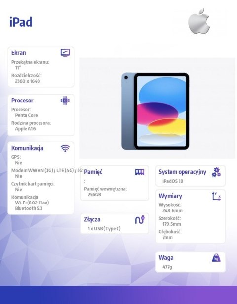 Apple IPad WiFi 11 cali 256GB Niebieski