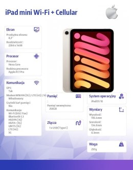 Apple IPad mini Wi-Fi + Cellular 256GB Księżycowa poświata