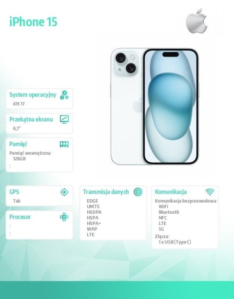 Apple IPhone 15 128GB - Niebieski