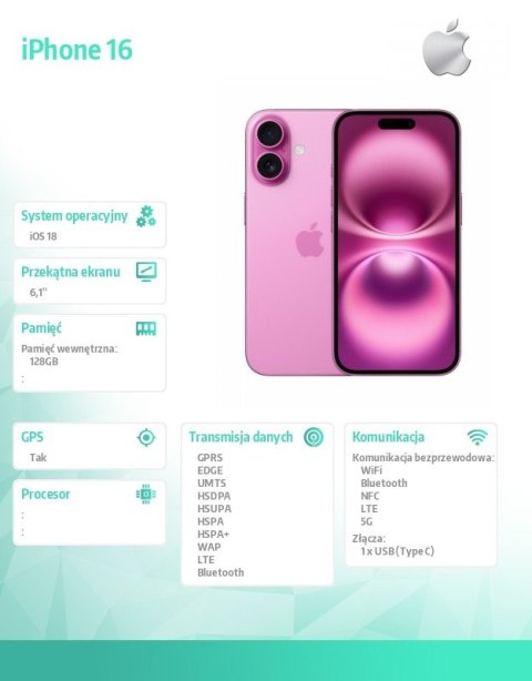 Apple IPhone 16 128GB - Różowy